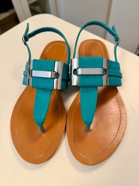Bamboo Teal Leather Thong Sandals Silver Hardware Size 8 Boho Summer Flat Shoes